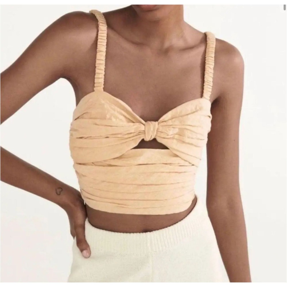 Zara Crop Top Women M Tan Ruched Front Bow Cutout Summer